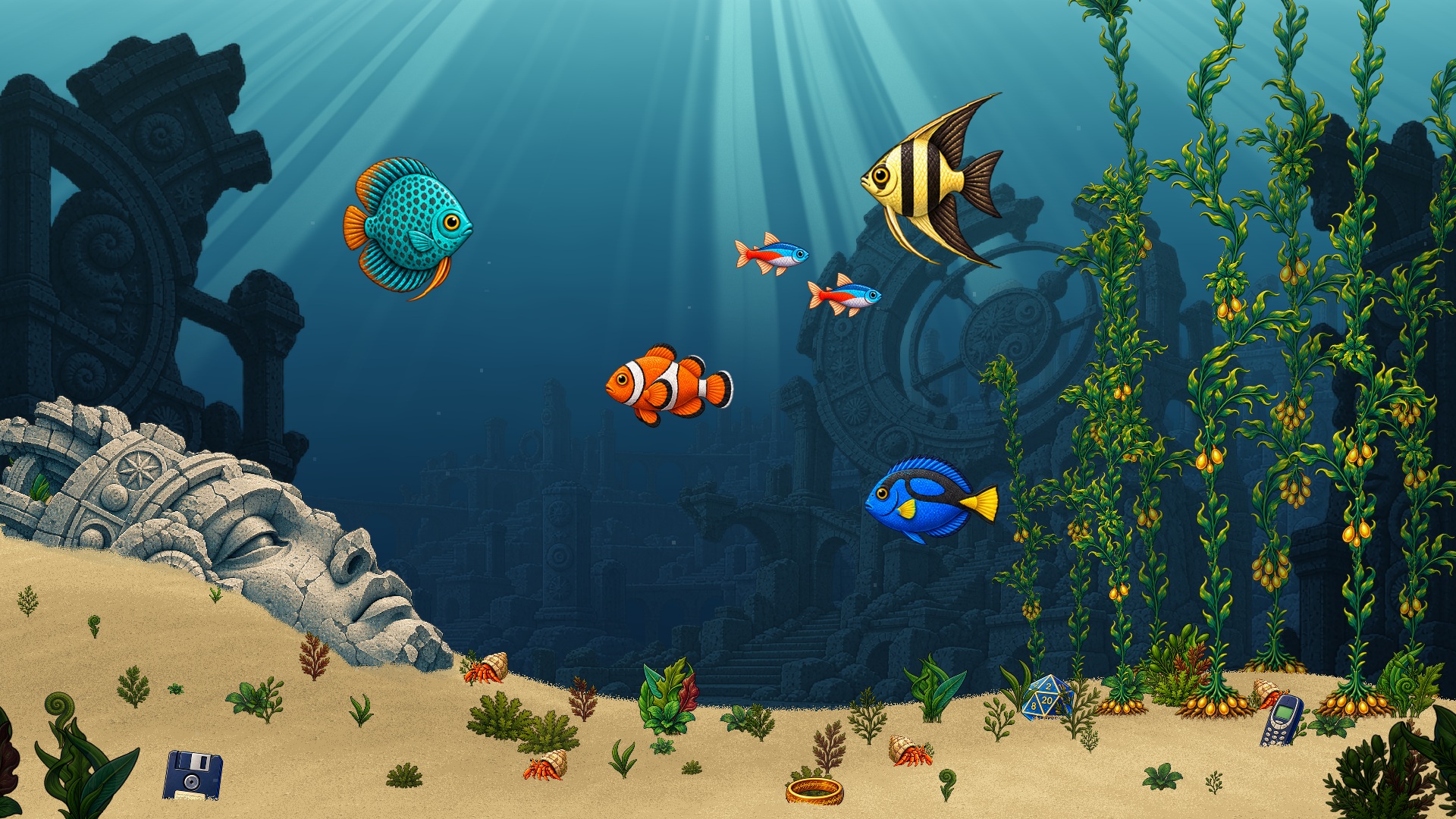 Colourful fish swimming over a sandy seabed among sunken Atlantis ruins.