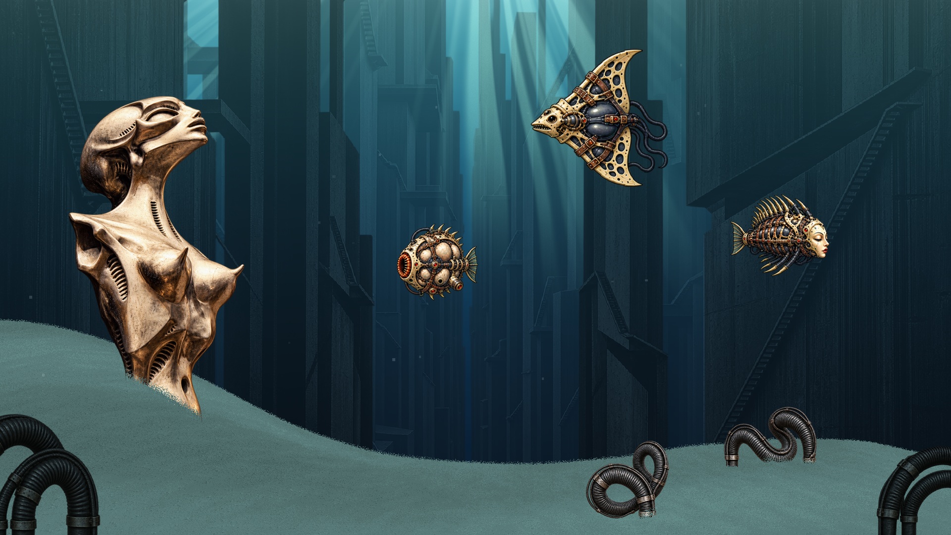 Biomechanical fish beside a pale sculpture and submerged industrial architecture.
