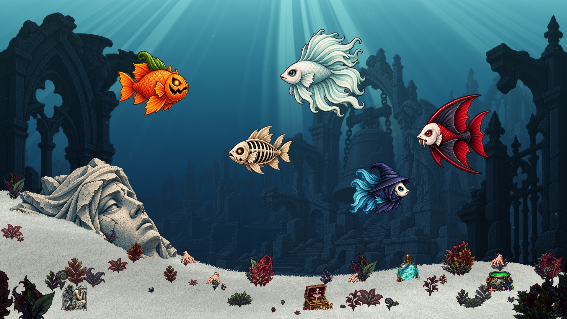 Halloween fish and eerie decorations in a dark underwater scene.