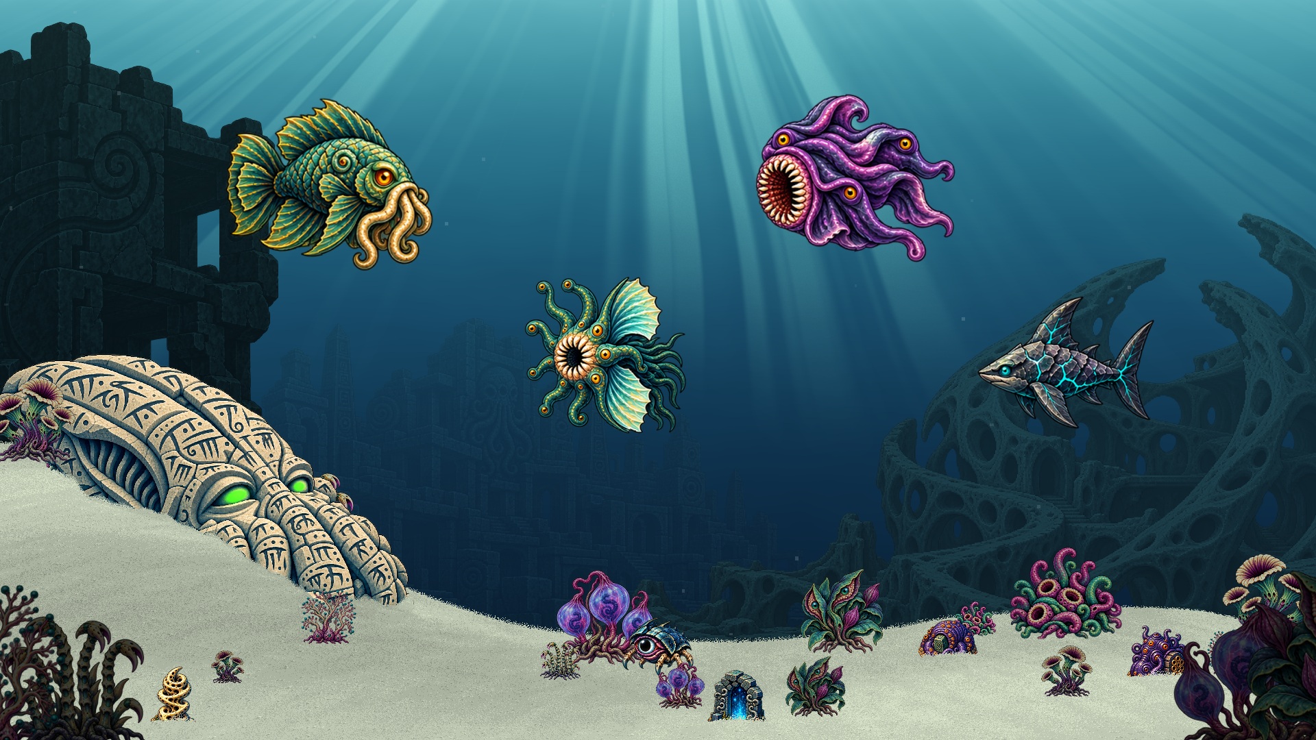 Tentacled creatures and strange fish among the ancient ruins of the Nameless aquarium.